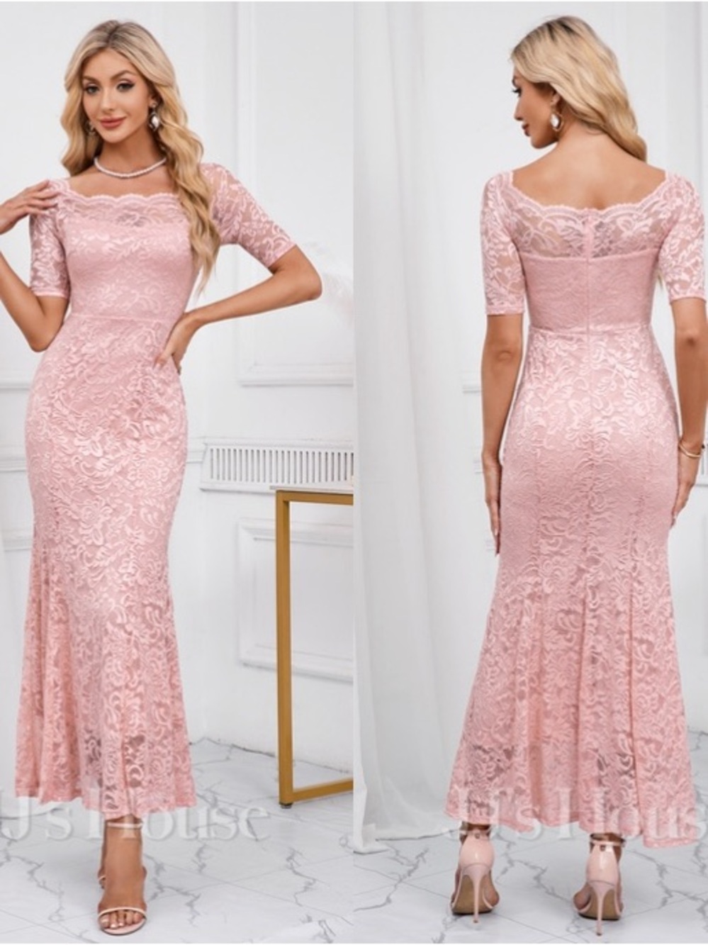 JJ’s House Kacy Pink Off the Shoulder Lace Maxi Dress #299925